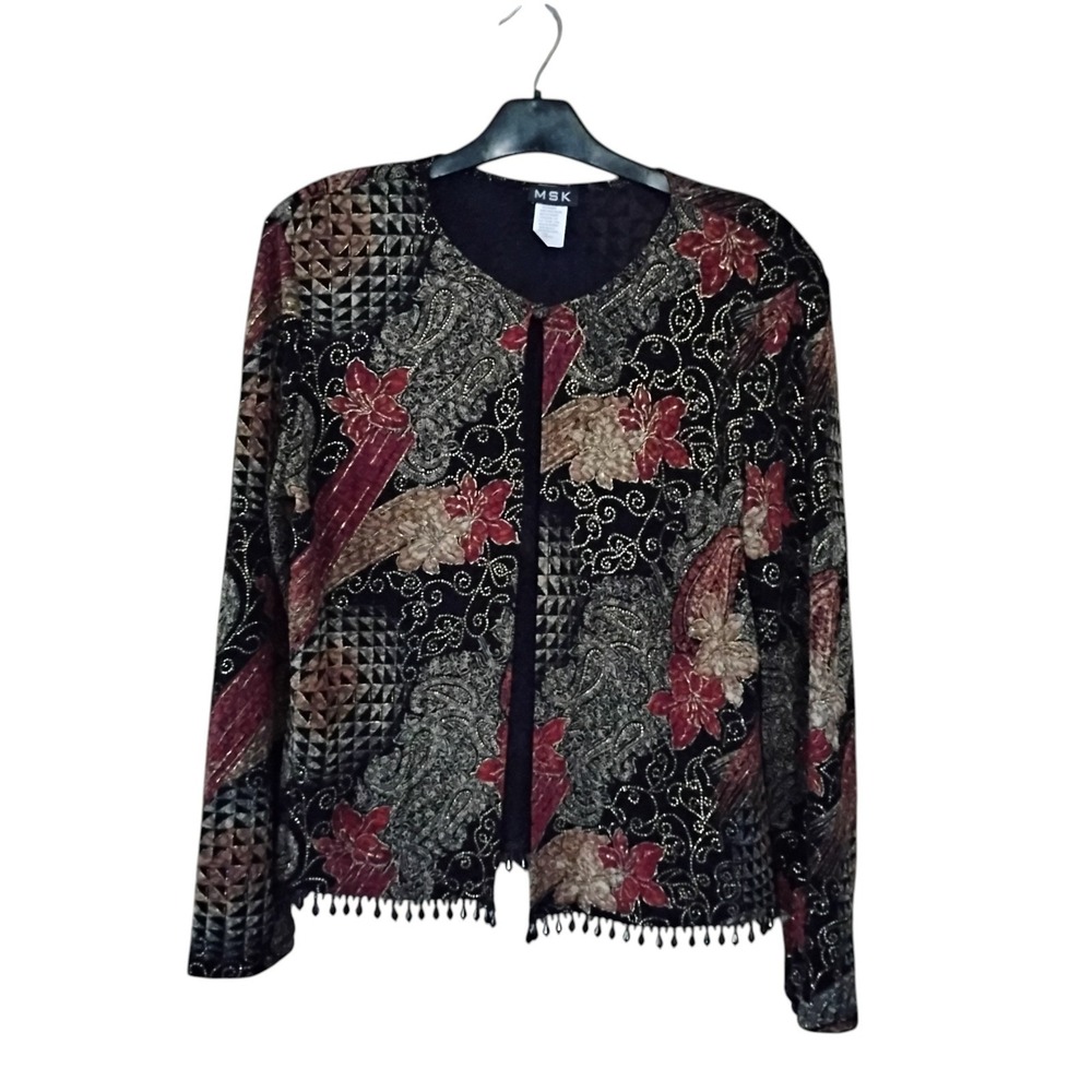 MSK Womens Large Beaded Fringe Cardigan Jacket Paisley Floral Metallic Glitter